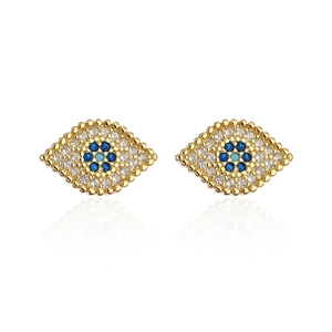 Gold-plated eye-shaped earrings with micro-set zircons and a floral crystal center