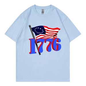 Light blue cotton T-shirt with 1776 graphic and Betsy Ross flag print, casual loose fit