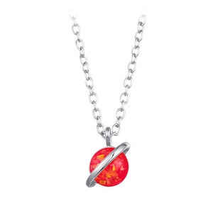 Detailed view of red opal planet pendant with silver ring and O-chain necklace
