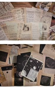 Macro view of vintage junk journal paper with astronomical maps and musical sheet designs
