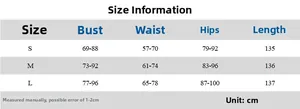 Detailed size chart for backless solid maxi dress showing bust, waist and hip measurements