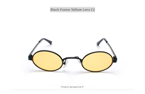 Front view of retro oval sunglasses with black metal frame and yellow tinted lenses