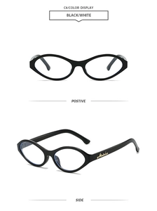Front and side view of black vintage oval cat-eye sunglasses with durable plastic frame