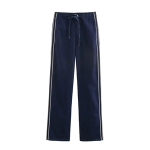 Pantaloni casual blu navy da donna con strisce laterali e vita elastica con coulisse piatta