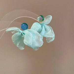 Handmade light blue chiffon flower earrings with mint green pearl studs for women