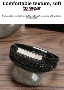 Macro view of multi-layer braided leather bracelet with a polished metal magnetic buckle