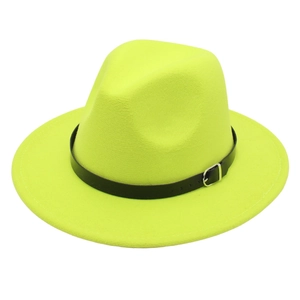 Detail of neon yellow wide brim fedora hat featuring black leather band and metal buckle