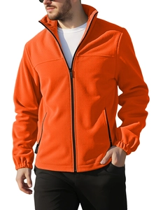 Close-up of the fuzzy texture on an orange fleece zip-up stand collar jacket for men