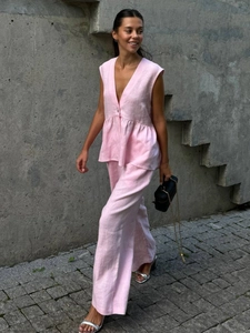 Ärmelloses Peplum Top Mit V-Ausschnitt Und Weite Hose Baumwolle Leinen Textur Rüschen Saum Lässig Sommer Damen