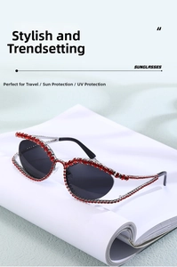Close-up of Y2K cat-eye sunglasses with silver metal frame and red rhinestone inlay