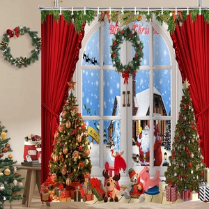Detailed Christmas shower curtain with festive 3D digital printing and gift boxes scenery