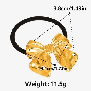 Detail view of 304 stainless steel gold bow hair tie with dimensions and weight