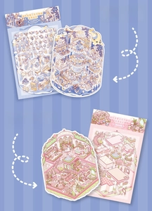 Detailed view of 3D miniature stickers featuring museum and flower house themes