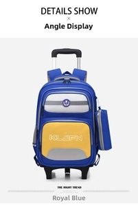 Detail of royal blue school bag with wheels, detachable handle and reflective safety strips