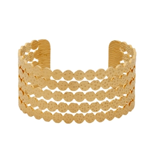 Golden wide open cuff bracelet featuring multi-layered wavy texture in stainless steel