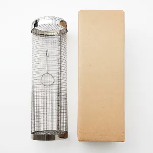 Cylindrical stainless steel rolling grill basket with specialized kraft packaging box
