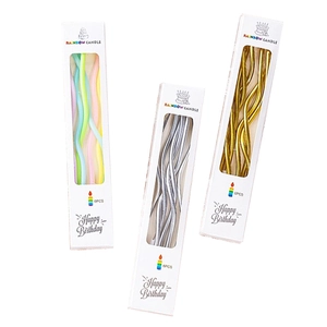 Rainbow spiral candles in pastel, gold, and silver finishes for birthday cake decoration
