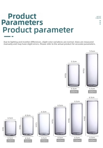 Size chart for borosilicate glass vases showing various diameters, heights and capacities