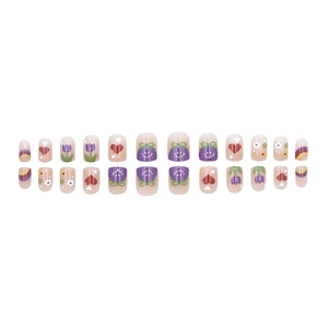 Pastel matcha green press-on nails set featuring hand-painted floral and rainbow designs