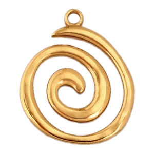 Macro detail of golden spiral scroll pendant with round hanging loop for DIY jewelry
