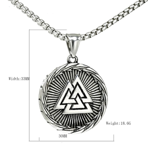 Silver Viking Valknut amulet necklace with Norse runes and thorn texture, 33mm width