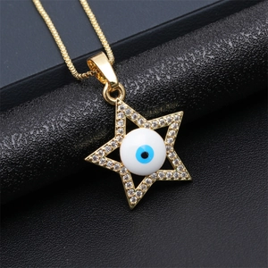 Golden Star of David necklace with evil eye pendant and sparkling diamond accents