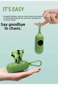 Detail of green capsule poop bag dispenser with D-ring hook and bone pattern bag