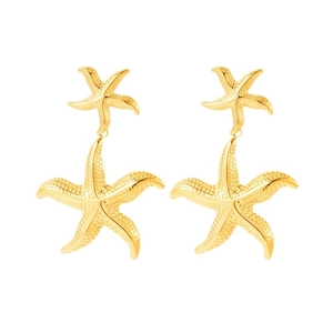Elegant gold starfish drop earrings in polished stainless steel on a white background