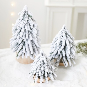 Mini Artificial Christmas Tree PE Flocked Snow Cedar Pine Wood Base Desktop Ornament For Holiday Home Winter Decor