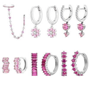 Pink zircon 925 silver earring set featuring studs and hoops for women fashion