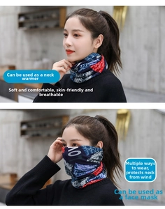 Detail of multi-functional geometric print neck gaiter worn as a mask and scarf