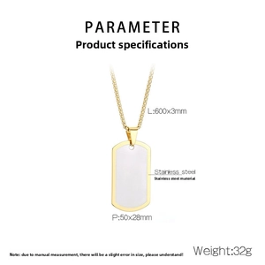 Close-up of golden stainless steel dog tag pendant with detailed product dimensions