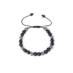 Adjustable men's beaded bracelet featuring matte black and grey metallic magnetic tiger eye