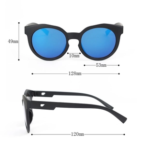 Matte black round frame kids sunglasses with blue mirrored UV400 lenses and size chart