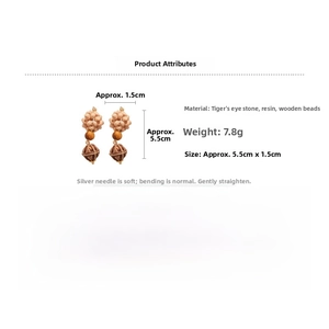Detail view of tiger eye and wood beaded earrings with silver posts and dimensions