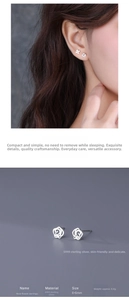 Detail of S999 silver rose stud earrings measuring 6x6mm on model ear and grey background