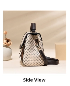 Side view of elegant cream and brown checkered crossbody bag with leather handle
