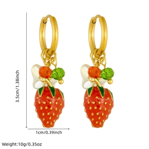 Sweet red strawberry pendant gold earrings for women with dimensional fruit design