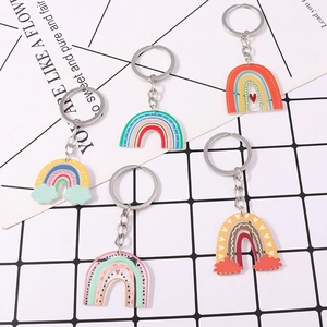Detail view of five assorted colorful rainbow keychains with silver metal rings and hooks