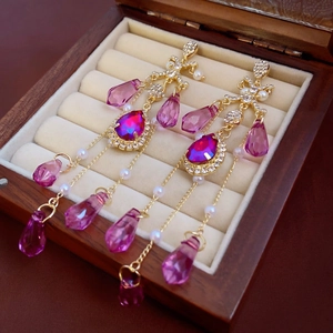 Vintage Court Style Alloy Artificial Crystal Tassel Drop Earrings With Silver Earring Post Rhinestone Artificial Pearl For Women