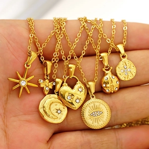Vintage Celestial Pendant Necklace 18K Gold Plated 304 Stainless Steel Zircon Sun Moon Star Bee Beetle Evil Eye For Women