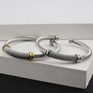 Minimalist 18K gold stainless steel mesh cable open C-shaped cuff bracelet for women