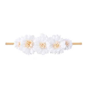 Detail of five white fabric flowers with yellow centers on a brown elastic baby headband