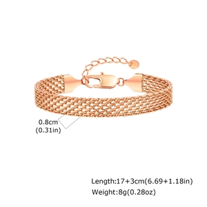 Detail view of 8mm rose gold mesh bracelet showing length and width measurements