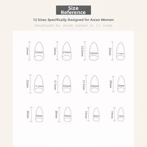 Detailed size chart for almond press-on nails with 12 sizes from 7mm to 13mm width