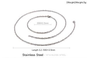 Silver stainless steel twist chain set with lobster clasp showing specific dimensions