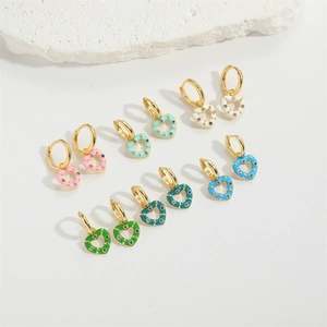 Ethnic vintage heart earrings with colorful enamel and sparkling crystals in gold setting
