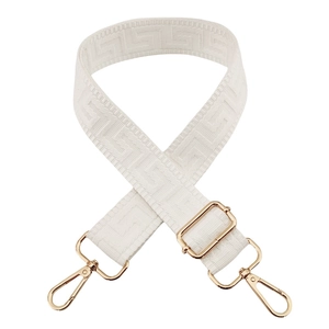 White wide adjustable shoulder strap with geometric greek key pattern and gold buckles