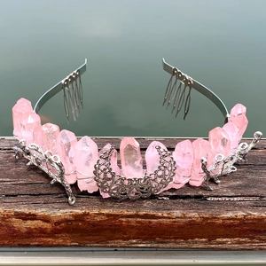 Pink natural crystal raw stone crown headband with silver moon and branch details