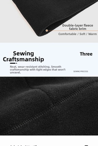 Detail view of the sewing process and double-layer fleece fabric on the black winter cap
